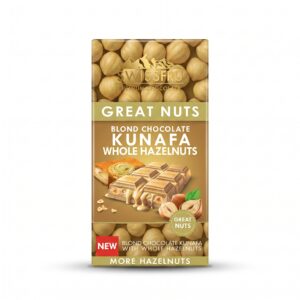 Swiss Fru Premium Blond Chocolate Bar – Crispy Kunafa & Whole Roasted Hazelnuts (150g)